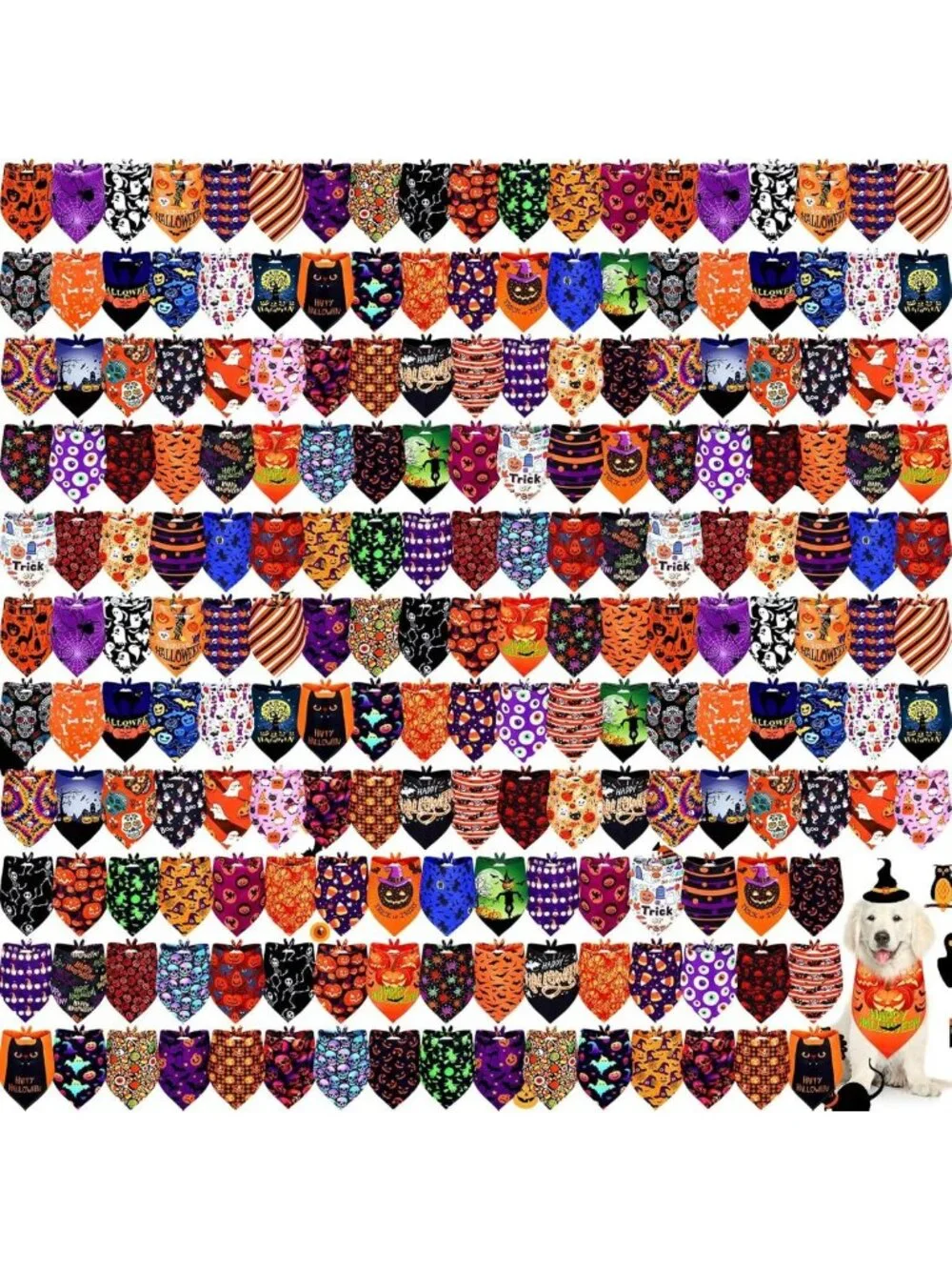 200 Pcs Halloween Dog Bandanas Bulk, Large 25x17 Inch, Fun Pet Accessories